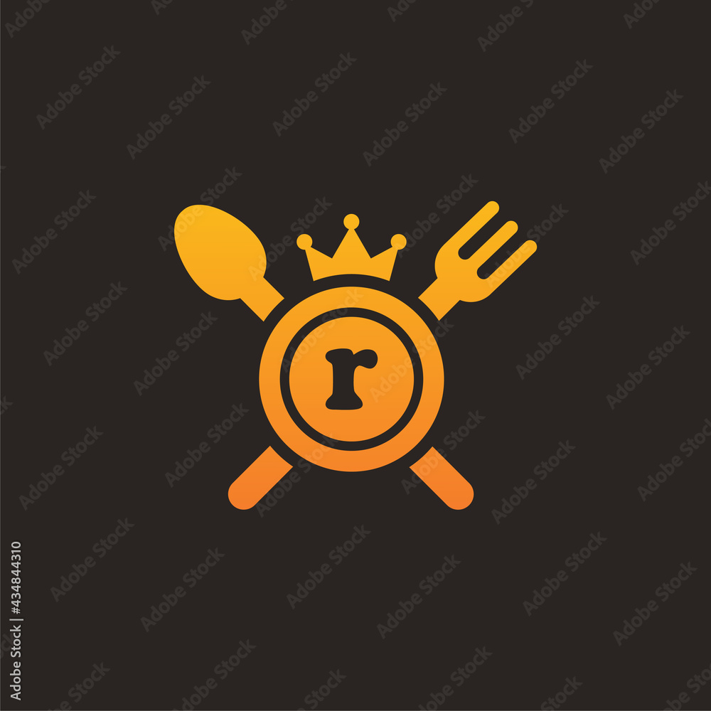 Initial letter R King food Logo Design Template. Illustration vector graphic. Design concept fork,spoon and crown With letter symbol. Perfect for cafe, restaurant, cooking business Initial letter R King food Logo Design Template. Illustration vector graphic. Design concept fork,spoon and crown With letter symbol. Perfect for cafe, restaurant, cooking business