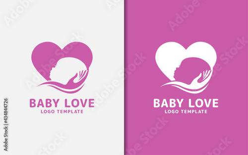 Abstract Love Symbol Combined with Baby Face and Handy Care Silhouette Logo Design.