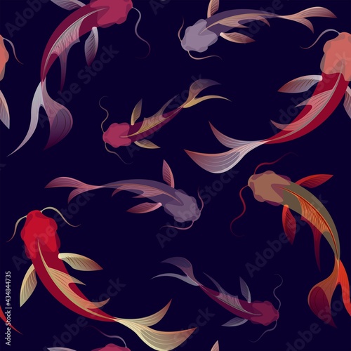 Seamless dark pattern with koi fishes, asian ornament with fishes