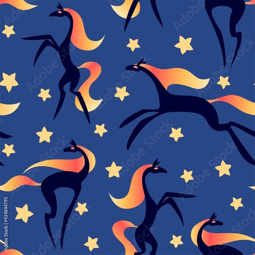 Seamless pattern with black horses with fiery manes and starry sky