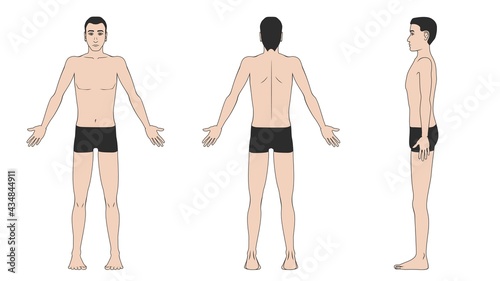 Man in shorts front, back and side on a white background