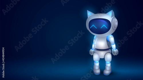 Cute white little robot with cat ears on a dark background