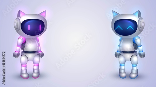 Two cute little robots with cat ears: a girl and a boy