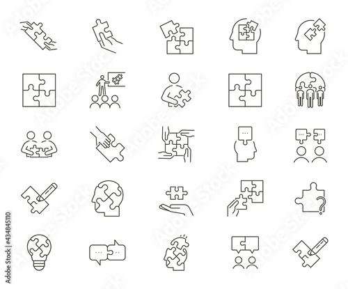 Set of 25 puzzle related icons. Vector thin line graphic elements related with solutions, business, strategies and creative problems and solutions