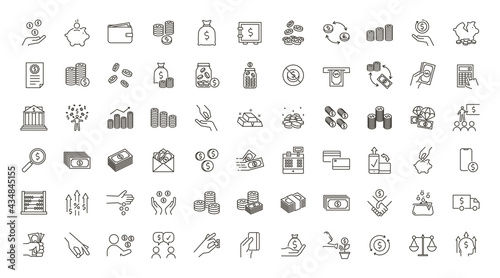 Complete money and finance related 66 icons set. Vector editable thin line icons for subjects related with currencies, payments, transactions, deals and business