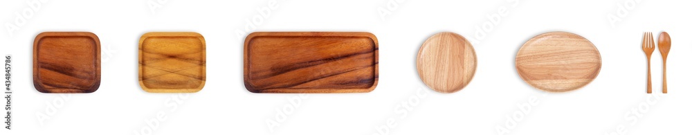 Top view of Wooden kitchen utensils, Tray, Plate, Spoon, and Fork, Isolated on white background. Top view of Wooden kitchen utensils, Tray, Plate, Spoon, and Fork, Isolated on white background.