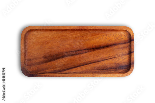 Empty Rectangular wooden tray, plate, isolated on white background. Top view