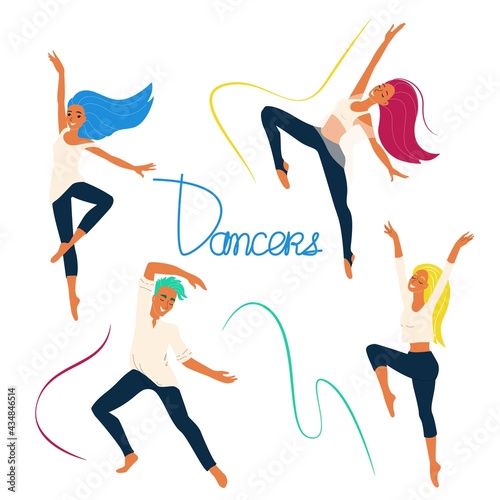Dancers, cheerful people dancing, girls and boy engaged in modern dance, vector set of cartoon characters, flat people isolates.