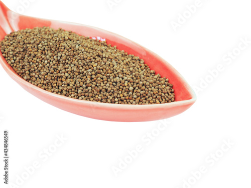 Perilla seed in light red leves shape bowl isolated on a white background. Healthy food..