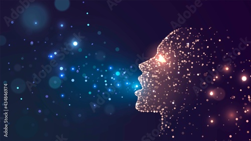 Human face in profile from stars, blue sparks fly out of open mouth