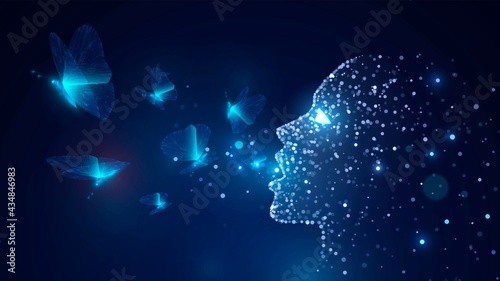 Human face in profile from blue sparks, blue butterflies fly out of an open mouth
