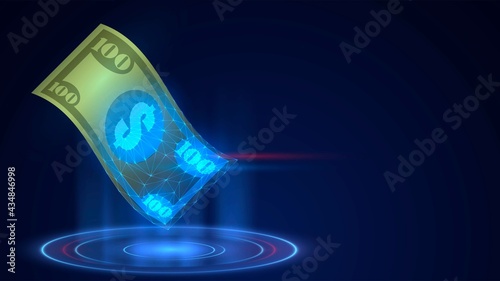Paper dollar converting to digital, glowing banknote on dark background