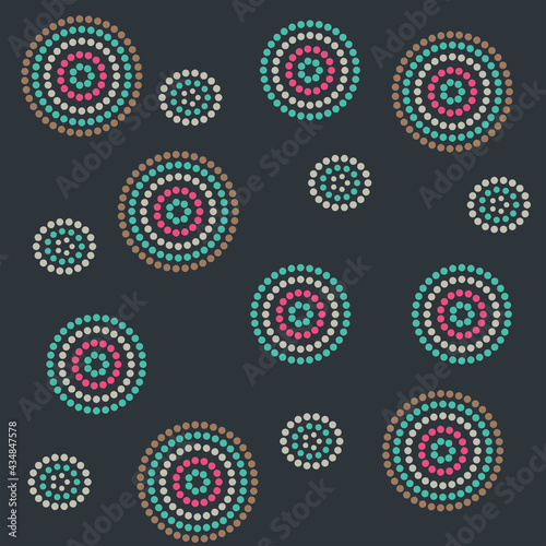 Aboriginal Art Abstract Dots Pattern Against Gray Background for wallpaper texture and fabric graphic design.