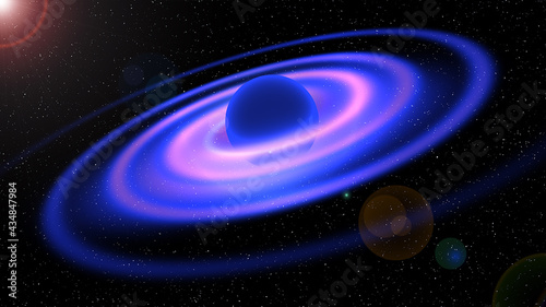 Planet with spirals of light in deep space, purple and blue. Space galaxy, orbiting in universe.
