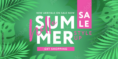 Hello Summer Sale design template with tropical leaf, lettering and modern typography in trendy green and pink colors. Minimal style for poster, flyer, fashion ads, website banner, social media, print