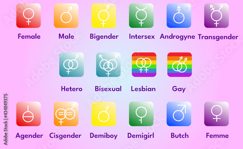 Gender icons in square buttons, set. A set of gender symbols, a concept of sexual orientation. Gender icons with titles