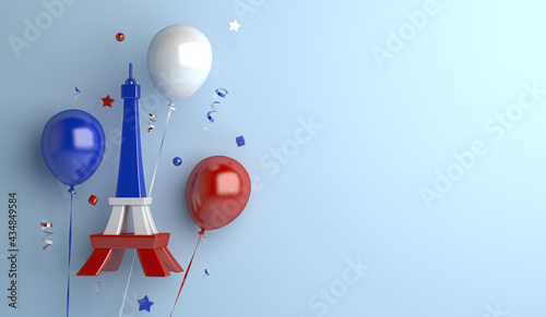 Happy Bastille Day decoration background with eiffel tower balloon confetti copy space text, 3D rendering illustration photo