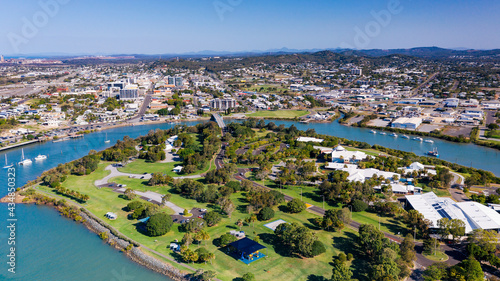 Closer view of marina and university with city in background