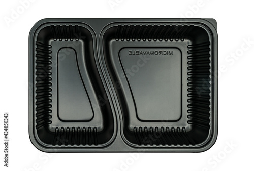Top view takeaway plastic food box with two panels, isolated high quality microwaveable empty food box on white background. Black color food container.