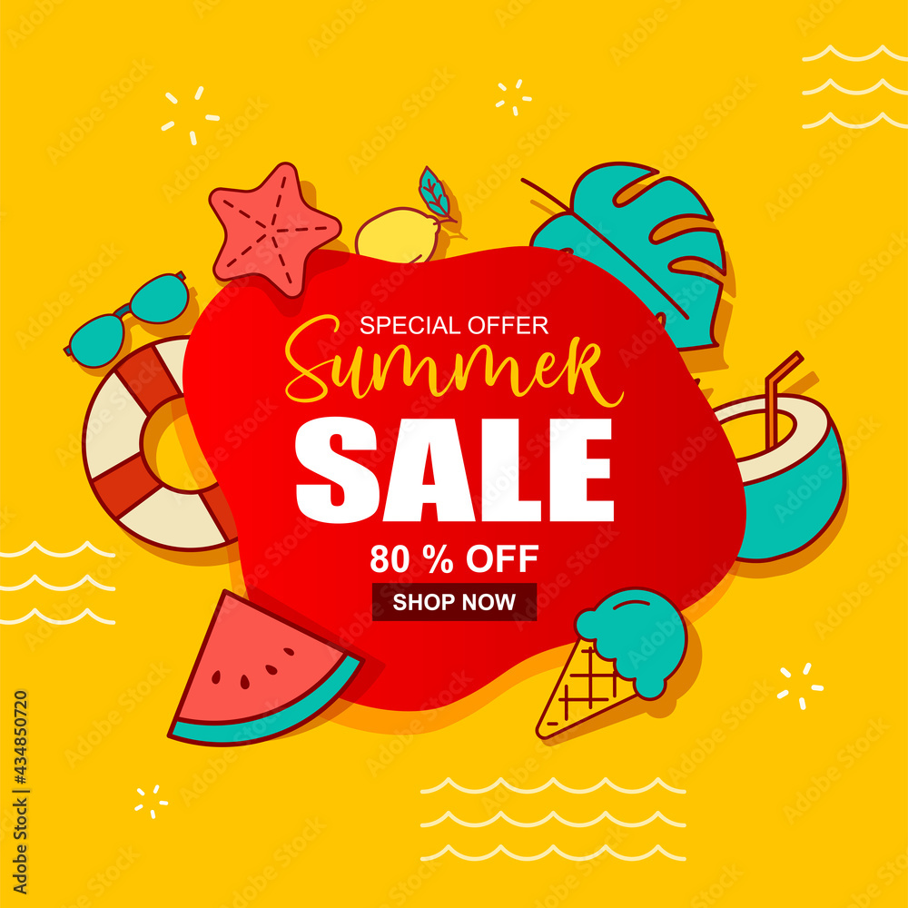 Naklejka premium Summer sale banner cover template background. Summer discount special offer cute design.