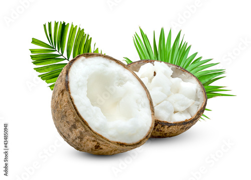 Coconut milk tropical fruit or fluffy coconut cut in half with palm leaf isolated on white background