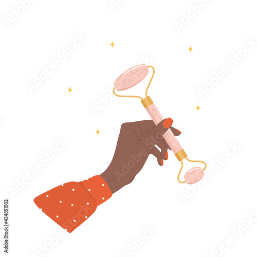 Quartz facial roller. African female hand holding natural pink quartz stone for gua sha massage. Trendy beauty treatment. Skin care equipment for SPA. Vector illustration in flat cartoon style.