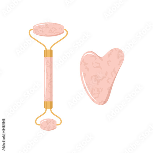 Gua sha scraper and jade roller for facial massage. Collection of different shape natural pink quartz stones. Skin care concept. Vector illustration in flat cartoon style.