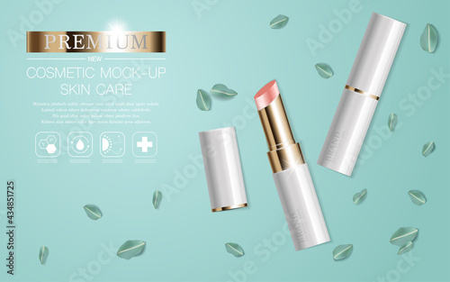 Hydrating facial lipstick for annual sale or festival sale. white and gold lipstick mask bottle isolated on glitter particles background. Graceful cosmetic ads, illustration