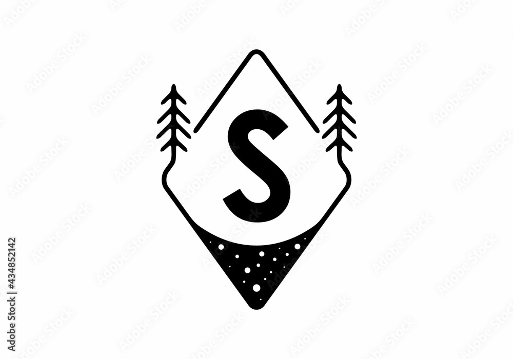 Black line art badge with pine trees and S letter