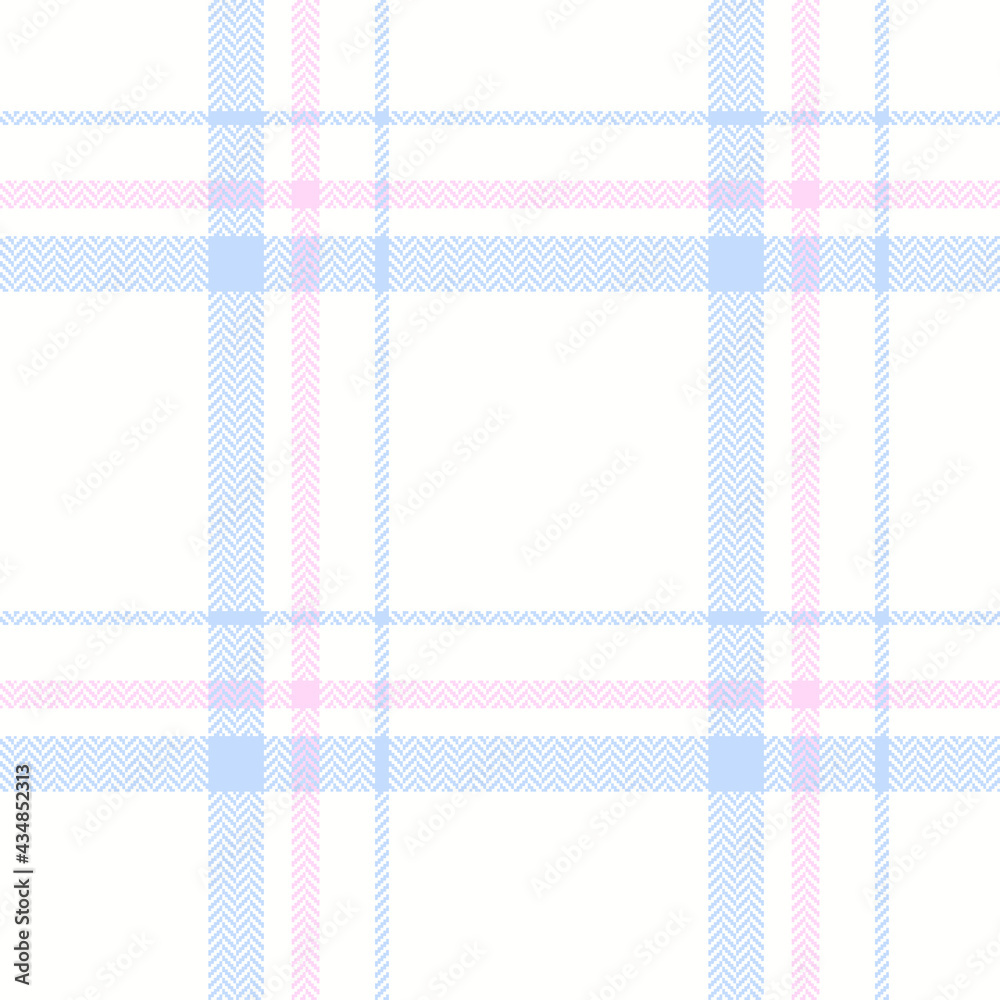Plaid pattern seamless vector in pastel blue, pink, white. Asymmetric herringbone light tartan check for flannel shirt, scarf, skirt, throw, other modern spring autumn winter fashion fabric print.