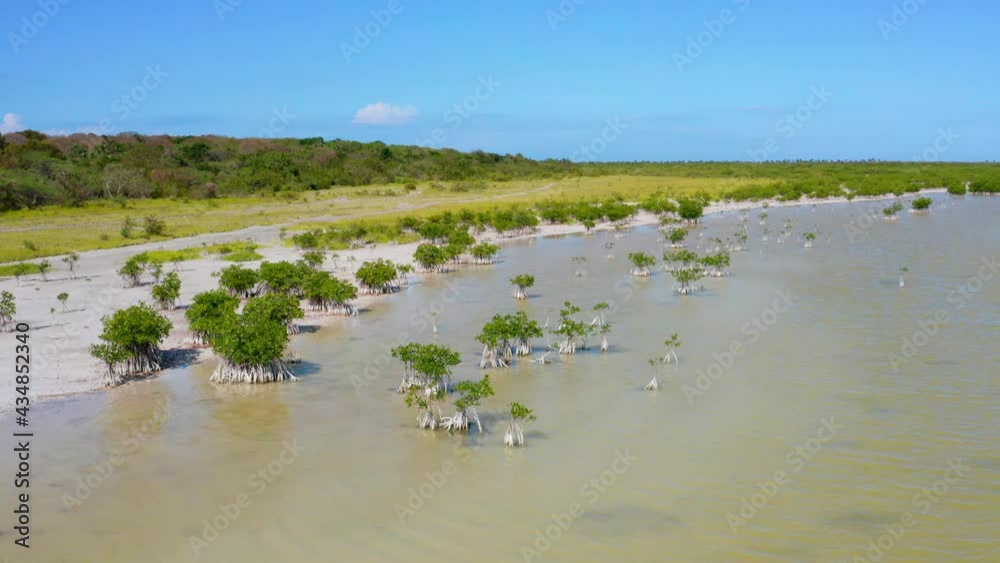 Aerial circling over banks of Oviedo Dominican Lagoon, Pedernales