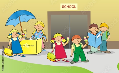 Pupils at the school have a break. Before school mistress sells ice cream. Children before school, happy kids, funny vector illustration.