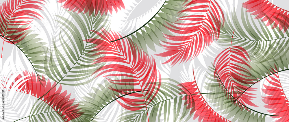 Abstract art tropical leaves background vector. Green and red wallpaper ...