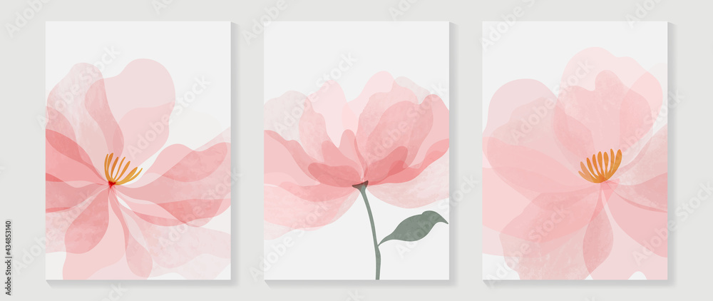 Abstract flower vector arts background. Wall art design with watercolor and transparency vector effect. Floral and leaves wall decoration. 