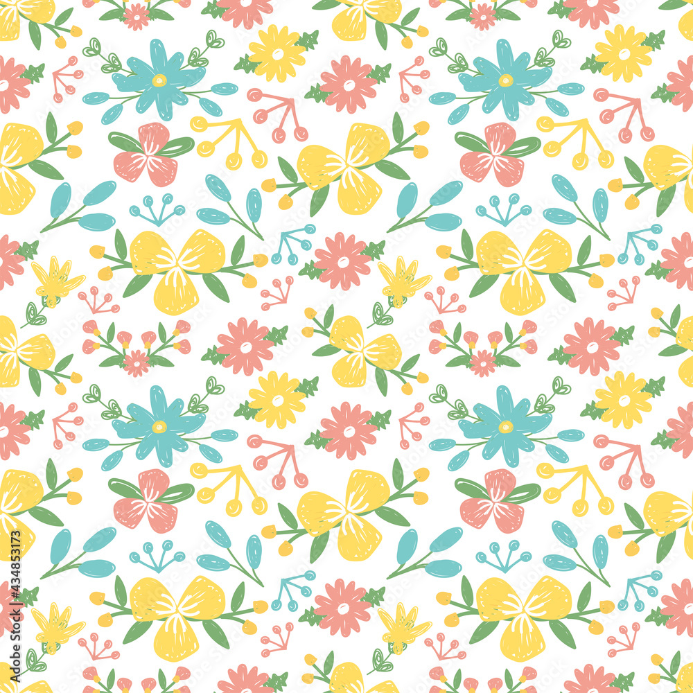 Floral seamless pattern in hand drawn style. Flowers background. Vector illustration.