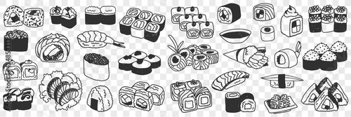 Sushi and rolls doodle set. Collection of hand drawn various japanese sushi seafood rolls for tasty dinner traditional asian culture in rows isolated on transparent background 
