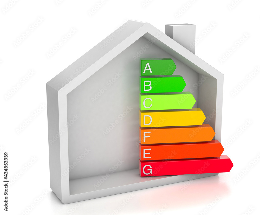 Home energy efficiency rating. House and colored arrows graphics. isolated on white background. 3d render Home energy efficiency rating. House and colored arrows graphics. isolated on white background. 3d render