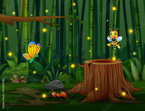 A bamboo forest background with insects and fireflies