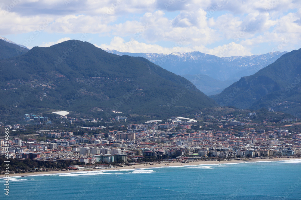 Aerial view to bay of Alanya city in Turkey from the mountain