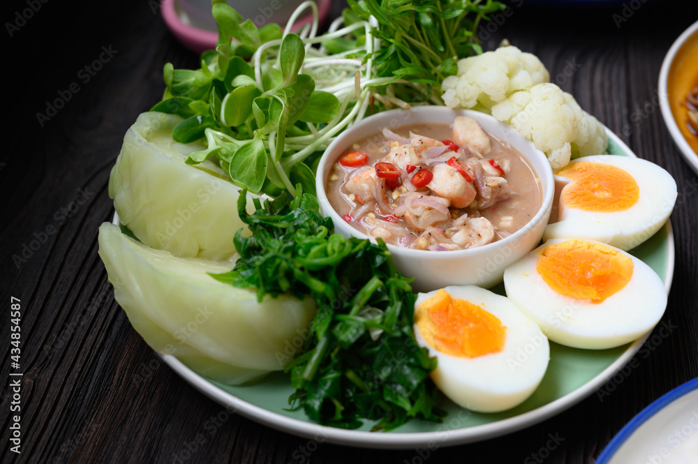 Fresh Boiled Shrimp paste sauce with vegetables in plate