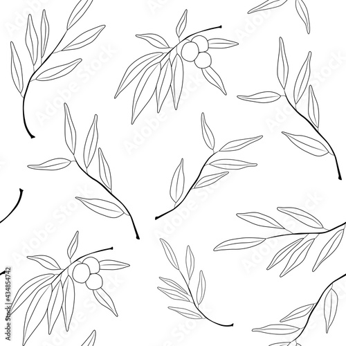 Seamless pattern with olives tree outline branches and olives. Simple minimalistic wallpaper pattern with nature element. Seamless pattern with botanical element.