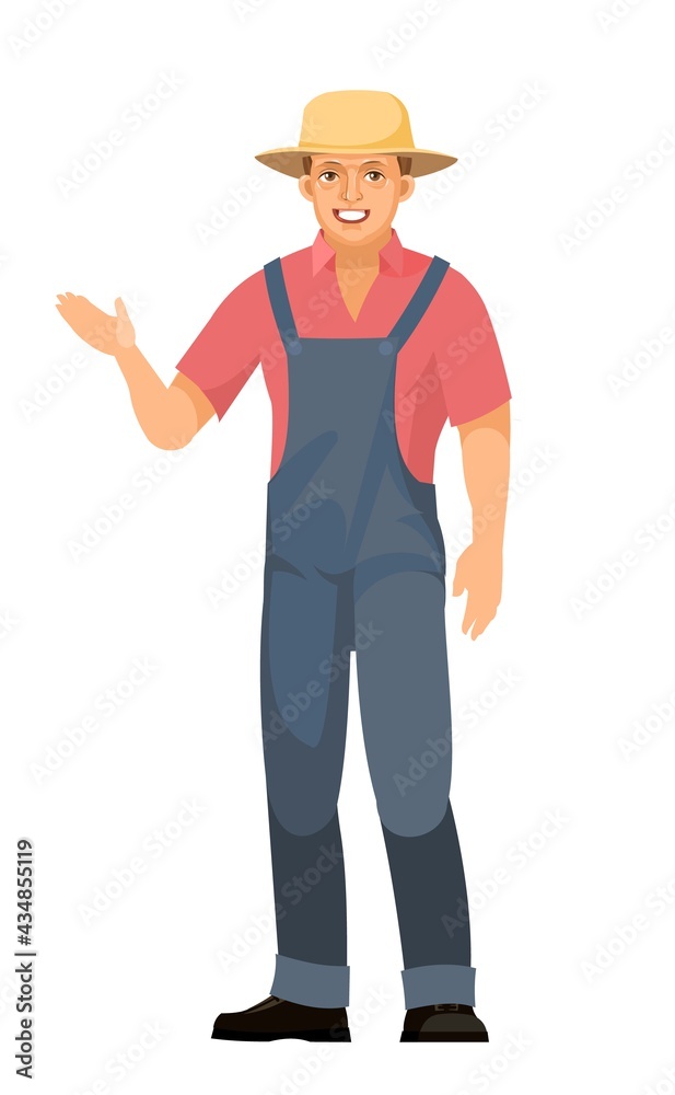 The farmer guy is standing. Young handsome cute boy wearing a hat. Shows with his hand. In uniform, overalls.  Cartoon flat style. The illustration is isolated on a white background. Vector
