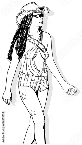 Sexy Woman in Swimsuit and Cowboy Hat with the USA Flag Colors - Black and White Drawing Isolated on White Background, Vector Illustration