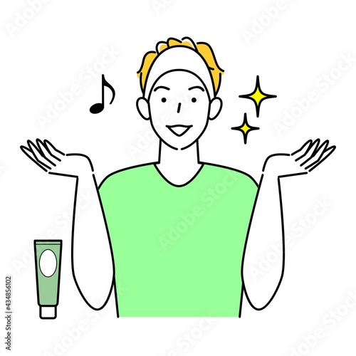 スキンケア ミネラルが豊富な泥パックをして美肌になり喜んでいる男性 イラスト シンプル ベクター