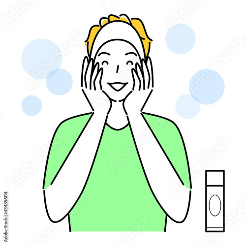 スキンケア 両手で顔を包み込み美容液を肌になじませている男性 イラスト シンプル ベクター