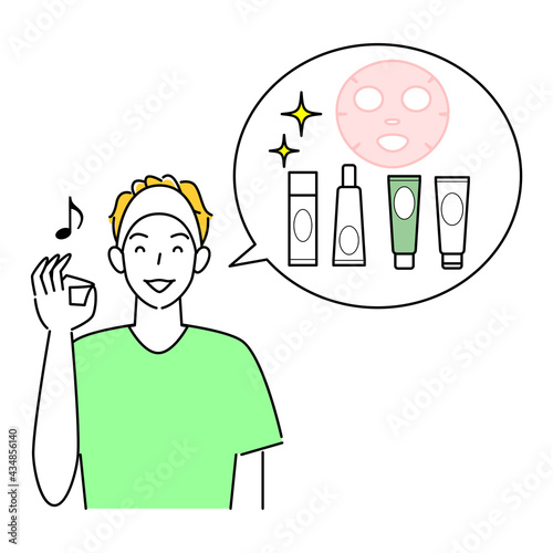 スキンケア お気に入りのコスメのセットをお勧めしている男性 イラスト シンプル ベクター