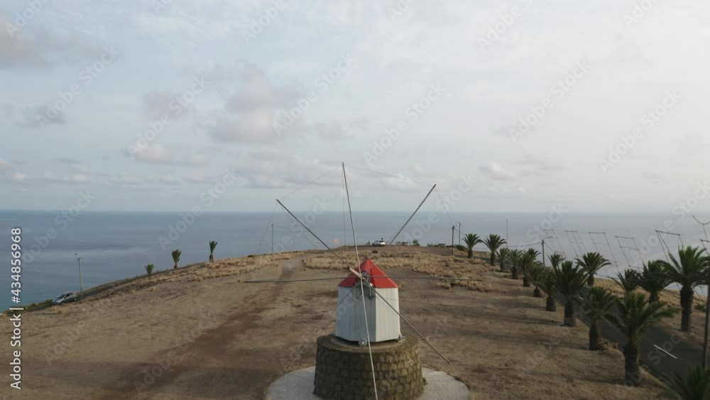 Scenic hill at Porto Santo view of ocean and famous Windmills, aerial