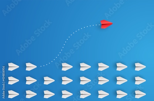 Individual and unique leader red paper plane flies to the side. Individuality concept. Think different. Vector
