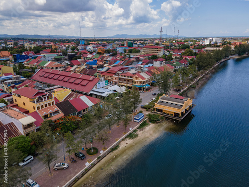 Kampot birdeye view a charming city in south of Cambodia, drone photography photo
