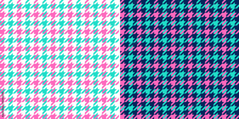 Houndstooth check pattern in tropical pink, green, white. Seamless bright colorful tweed background graphic for dress, jacket, coat, scarf, other trendy everyday womenswear spring fabric design.
